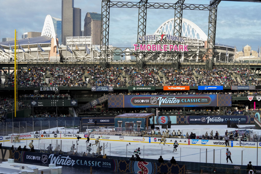 The Seattle Kraken and the Vegas Golden Knights play during the third period of the NHL Winter Classic hockey game Monday, Jan. 1, 2024, in Seattle. The Kraken won 3-0.