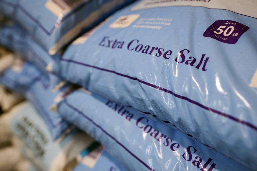 Salt is displayed for sale at Ankeny Hardware on Thursday, Jan. 11, 2024, in Portland, Ore. The Pacific Northwest is bracing for a frigid cold snap and heavy snow in the Cascades.