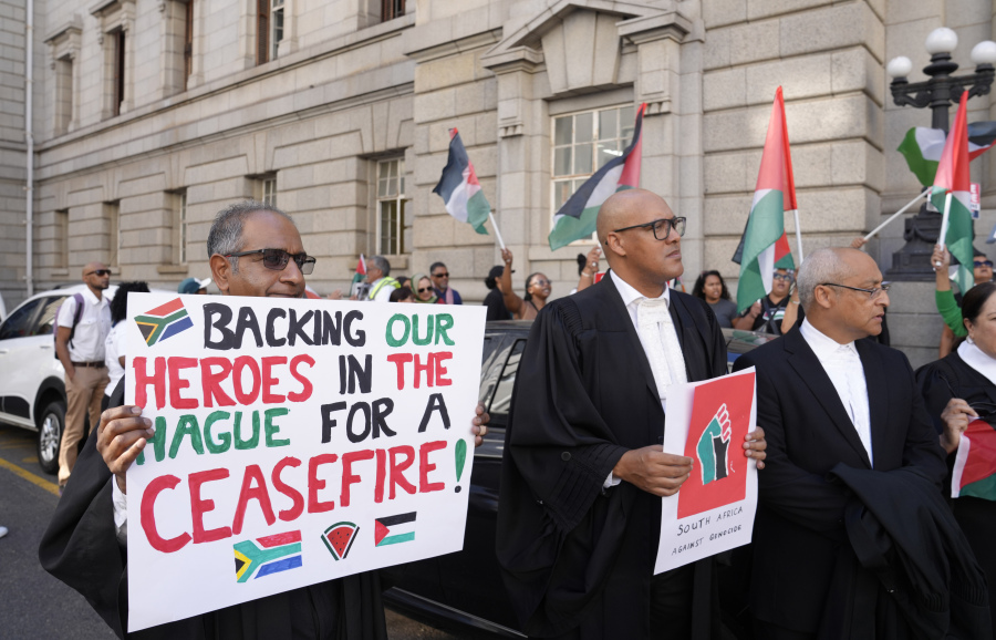 Pro-Palestinian supporters picket outside the High Court in Cape Town, South Africa, Thursday, Jan. 11, 2024. The United Nations&rsquo; top court opens hearings Thursday into South Africa&rsquo;s allegation that Israel&rsquo;s war with Hamas amounts to genocide against Palestinians, a claim that Israel strongly denies.