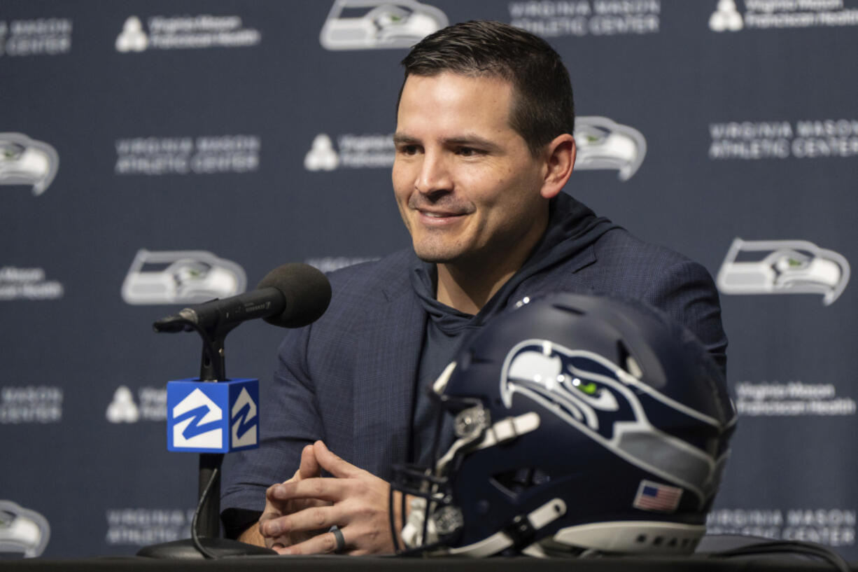Seattle Seahawks NFL football team new head coach Mike Macdonald speaks during an introductory press conference, Thursday, Feb. 1, 2024, in Renton, Wash.