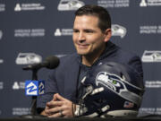 Seattle Seahawks NFL football team new head coach Mike Macdonald speaks during an introductory press conference, Thursday, Feb. 1, 2024, in Renton, Wash.
