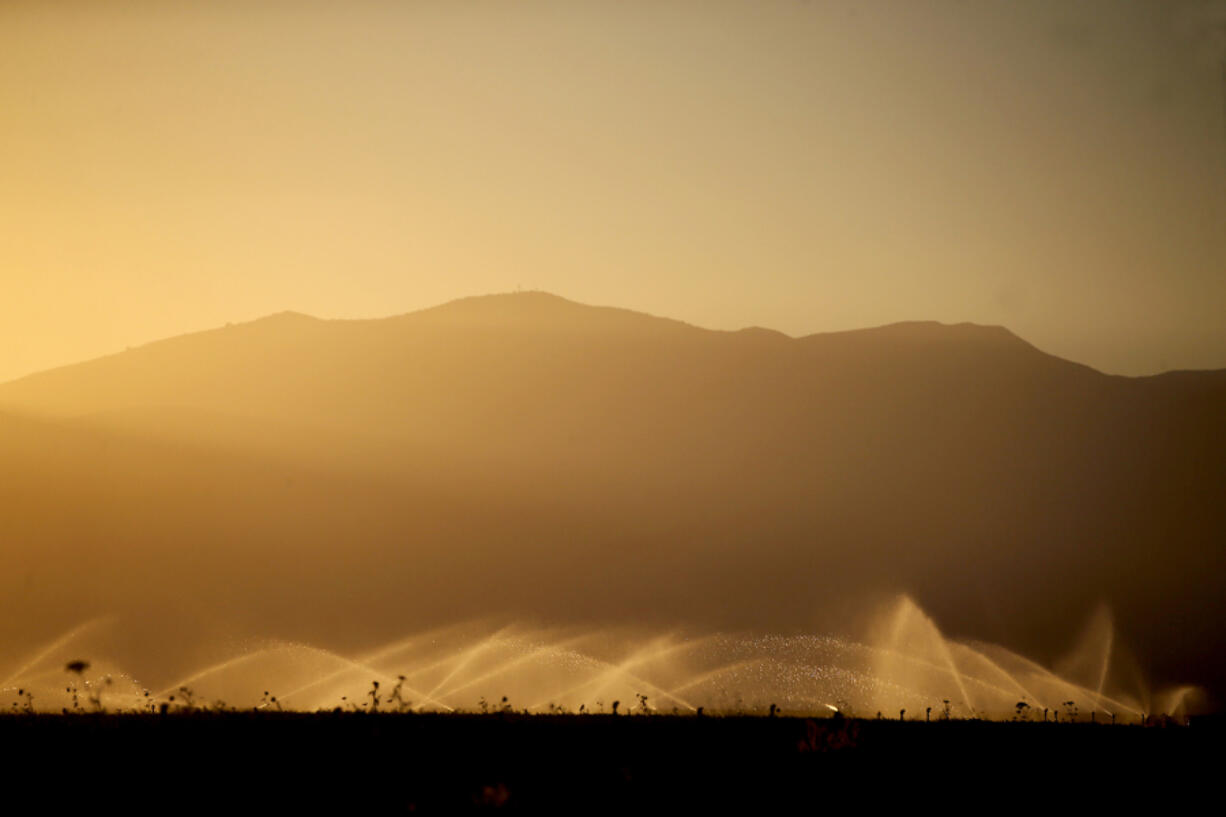 An irrigation system waters carrot fields in California&Ccedil;&fnof;&Ugrave;s Cuyama Valley in October.