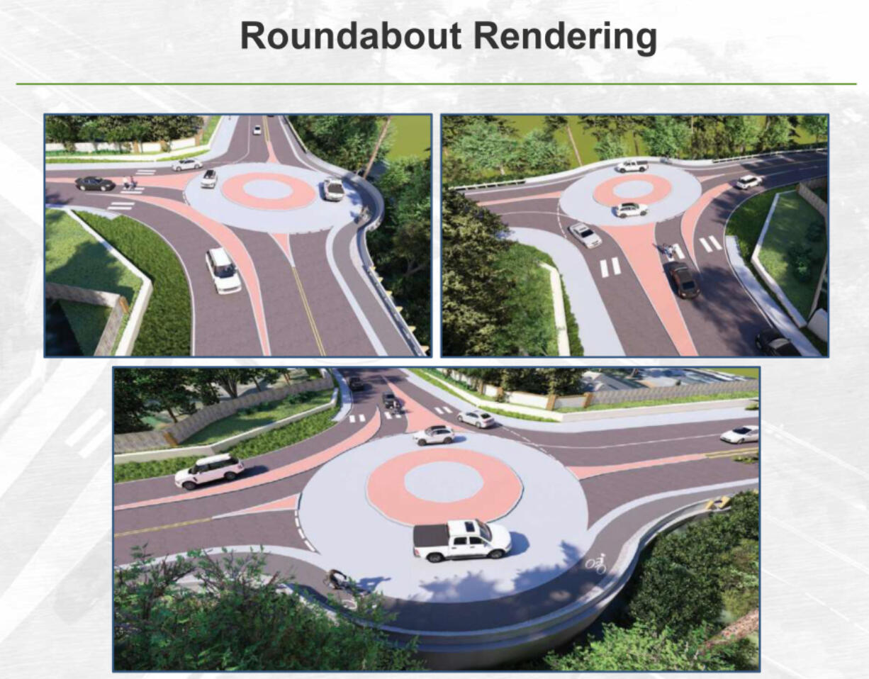 An example of what a mini-roundabout could look like at Lake Road and Sierra Street in Camas.