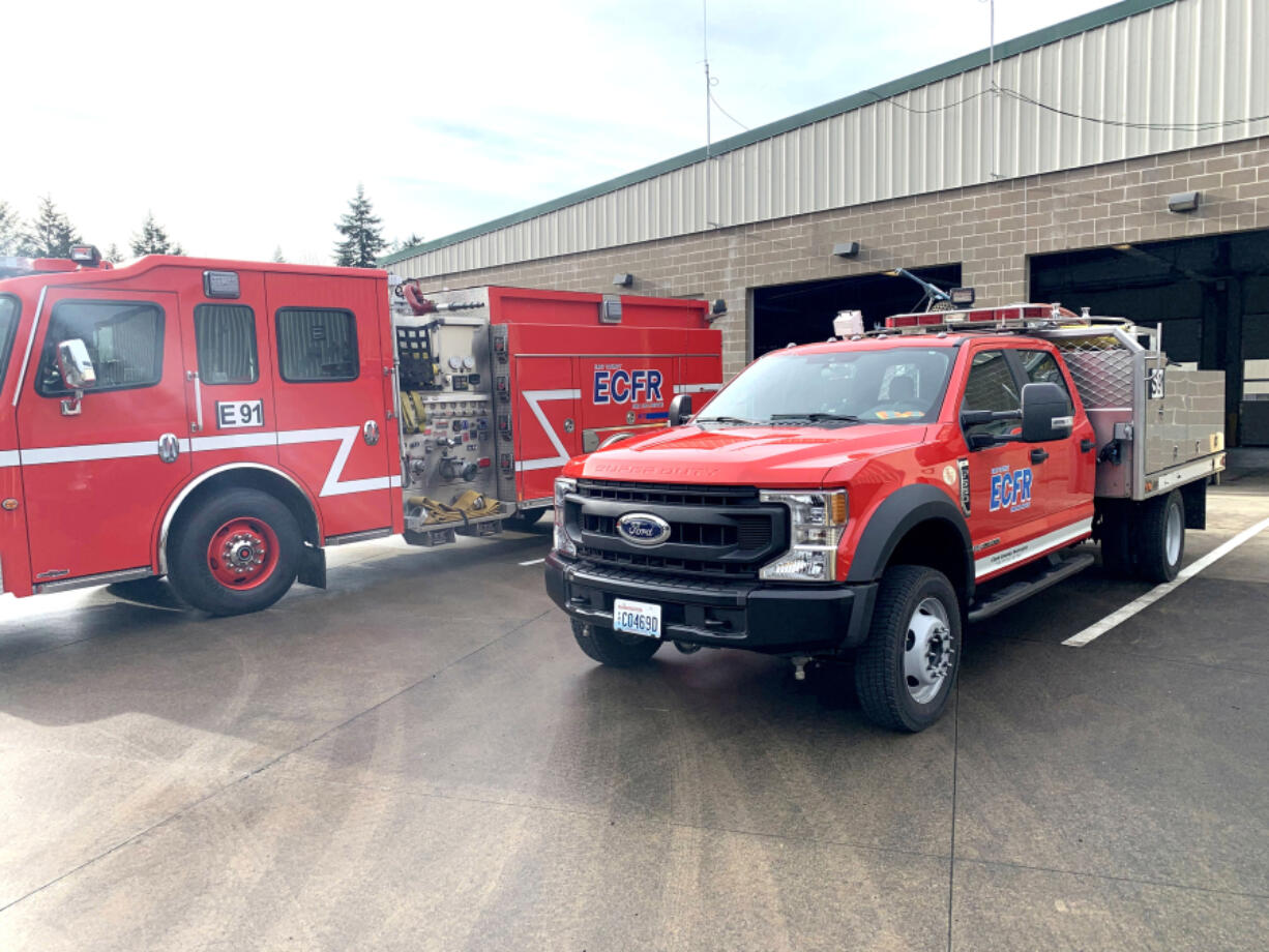 Fire vehicles sit outside East County Fire and Rescue Station 91, just north of Camas city limits, in 2020. The fire district, which serves rural areas north of Camas and Washougal, recently used proceeds from a property sale to repay a $770,000 bond and save taxpayers nearly $100,000 in interest payments.