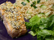 Everything Bagel Savory Salmon with Cucumber and Brown Rice.