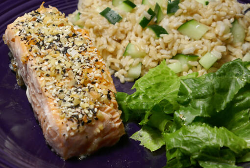 Everything Bagel Savory Salmon with Cucumber and Brown Rice.