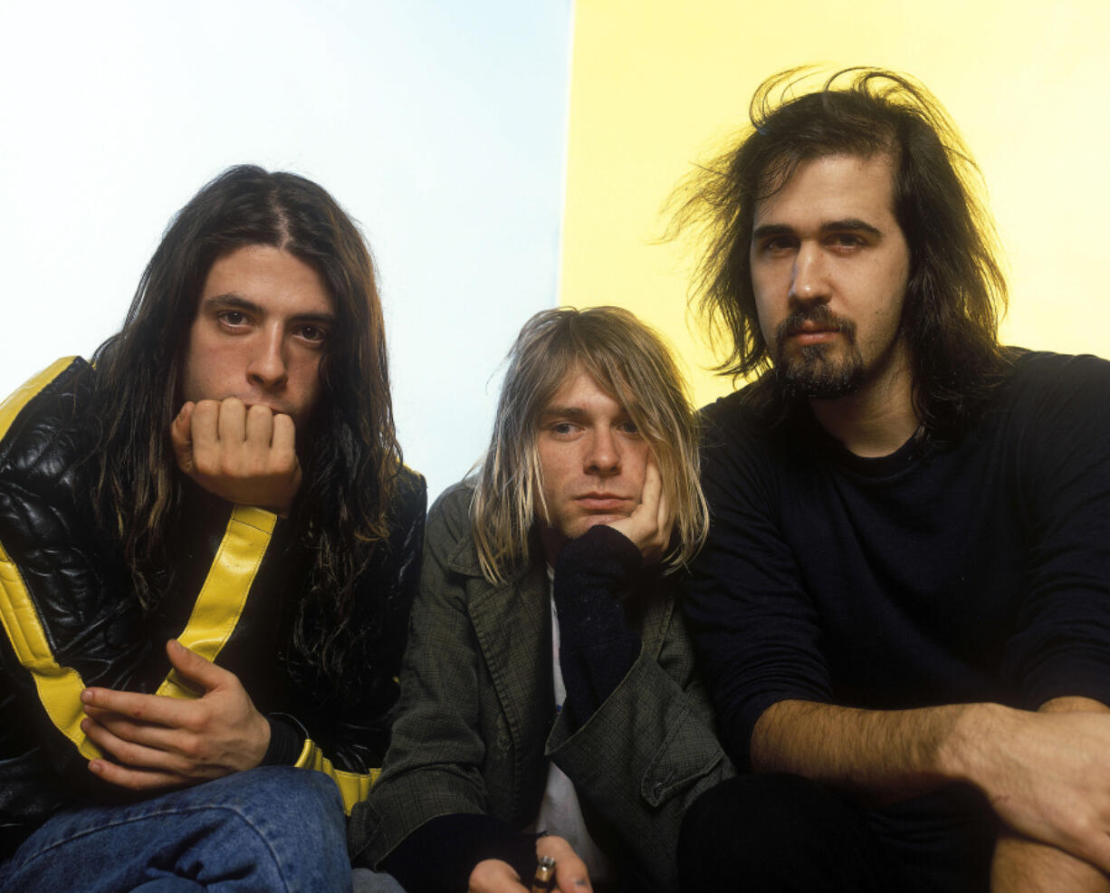 From left, Dave Grohl, Kurt Cobain and Krist Novoselic of Nirvana in London, circa 1992.