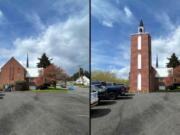 An illustration shows the current Camas Methodist Church (left) and the church as it would appear with a 60-foot cellular tower disguised by an 88-foot, brick bell tower, spire and cross (right).