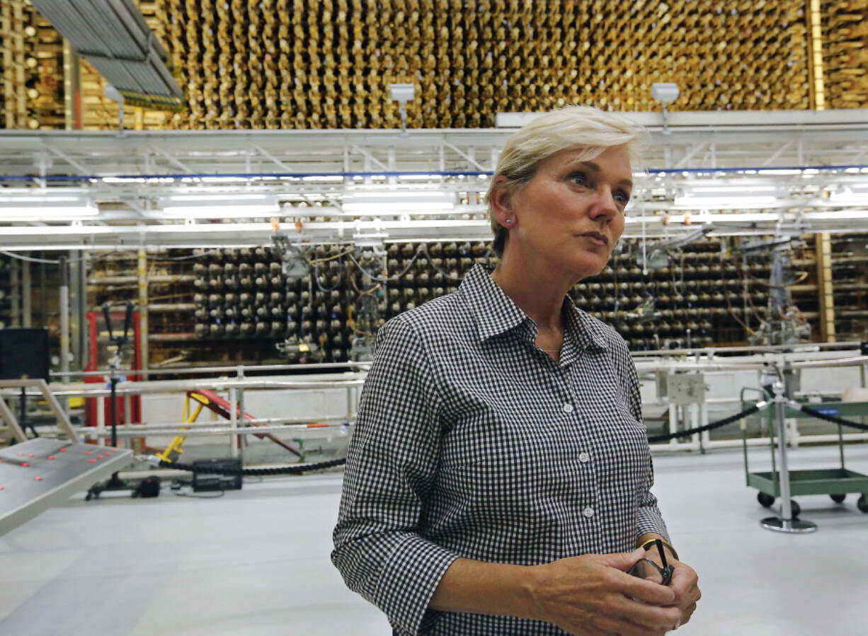 Jennifer Granholm, secretary of the U.S. Department of Energy, fields reporters&rsquo; questions during a tour of the historic B Reactor on the Hanford Nuclear Site near Richland on Aug. 12, 2022.