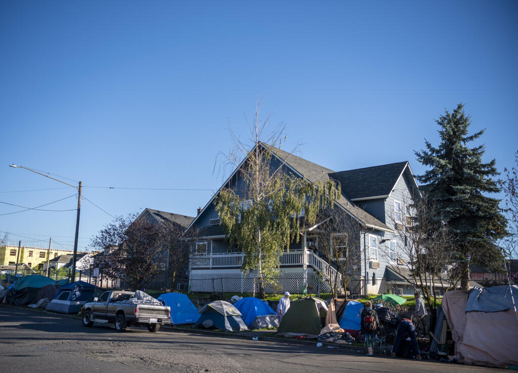 Tents line the sidewalk outside of Share House in October in Vancouver.
