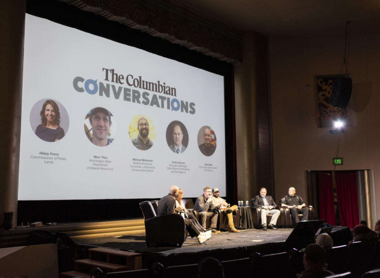 A panel of wildfire experts from around Washington discuss the issue Thursday during The Columbian Conversations: Wildfires in Southwest Washington event at Kiggins Theatre.