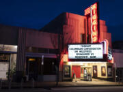 The Kiggins Theatre marquee sign is illuminated Thursday during the Columbian Conversations: Wildfires in Southwest Washington event.