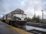 An Amtrak train pulls into the Vancouver station on Feb. 7.