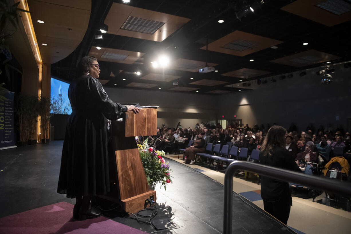 Clark College President Karin Edwards speaks to the crowd while giving her State of the College address Wednesday morning. The speech provided updates on enrollment and other metrics, as well as previewed a strategic planning process set for the coming months.