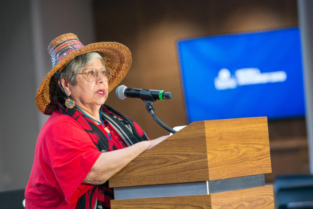 Patty Kinswa-Gaiser, chairwoman of the Cowlitz Indian Tribe, speaks at the ribbon-cutting ceremony Monday at ilani.