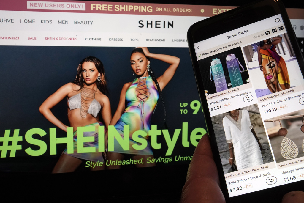 FILE - Pages from the Shein website, left, and from the Temu site, right, are shown in this photo, in New York, Friday, June 23, 2023.   Temu is suing rival Shein again. In a complaint filed Wednesday, Dec. 14,  at a federal court in Washington D.C., Whaleco Inc., which operates as Temu in the U.S., alleged Shein is pushing dubious copyright infringement notices against the company and using “mafia-style intimidation” of suppliers to limit its growth in the U.S.