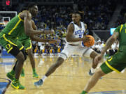 UCLA guard Dylan Andrews (2) pivots against defending Oregon center N'Faly Dante (1), left, during the second half of an NCAA college basketball game in Los Angeles, Saturday, Feb. 3, 2024.