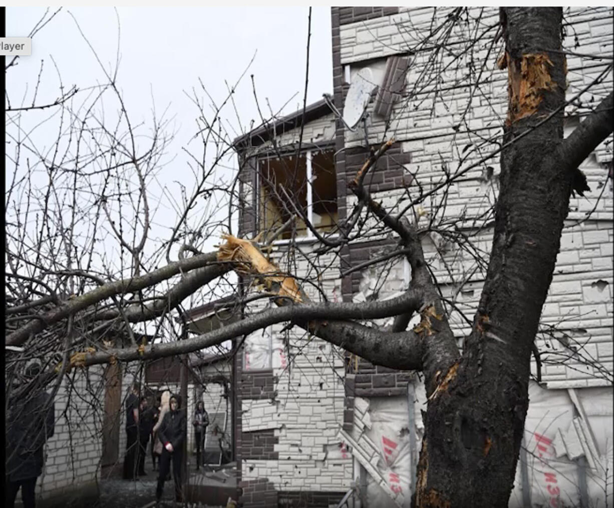 A damaged building following a strike in Belgorod, Russia, Thursday, Feb. 15, 2024. Officials say a missile strike on the Russian city of Belgorod near the Ukraine border in what appears to be the latest exchange of long-range missile and rocket fire between the two countries.