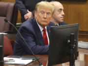 Donald Trump awaits the start of a hearing in New York City Criminal Court, Thursday, February 15, 2024. A New York judge says former President Donald Trump's hush-money trial will go ahead as scheduled with jury selection starting on March 25.