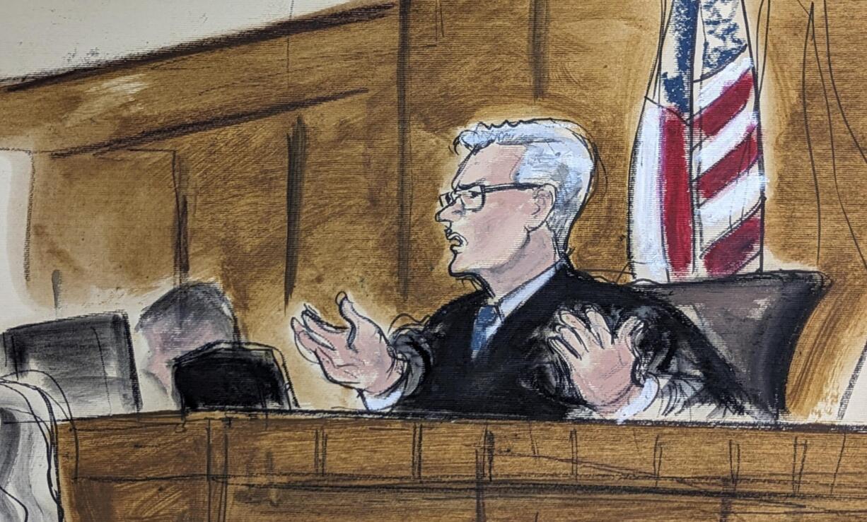 In this courtroom sketch, Judge Juan Manuel Merchan responds to former President Donald Trump's attorney, Todd Blanche's argument for a trial start delay during a hearing in New York, Thursday, Feb. 15, 2024. Trump’s hush-money trial will go ahead as scheduled with jury selection starting on March 25, Merchan ruled Thursday, turning aside demands for a delay from the former president’s defense lawyers.
