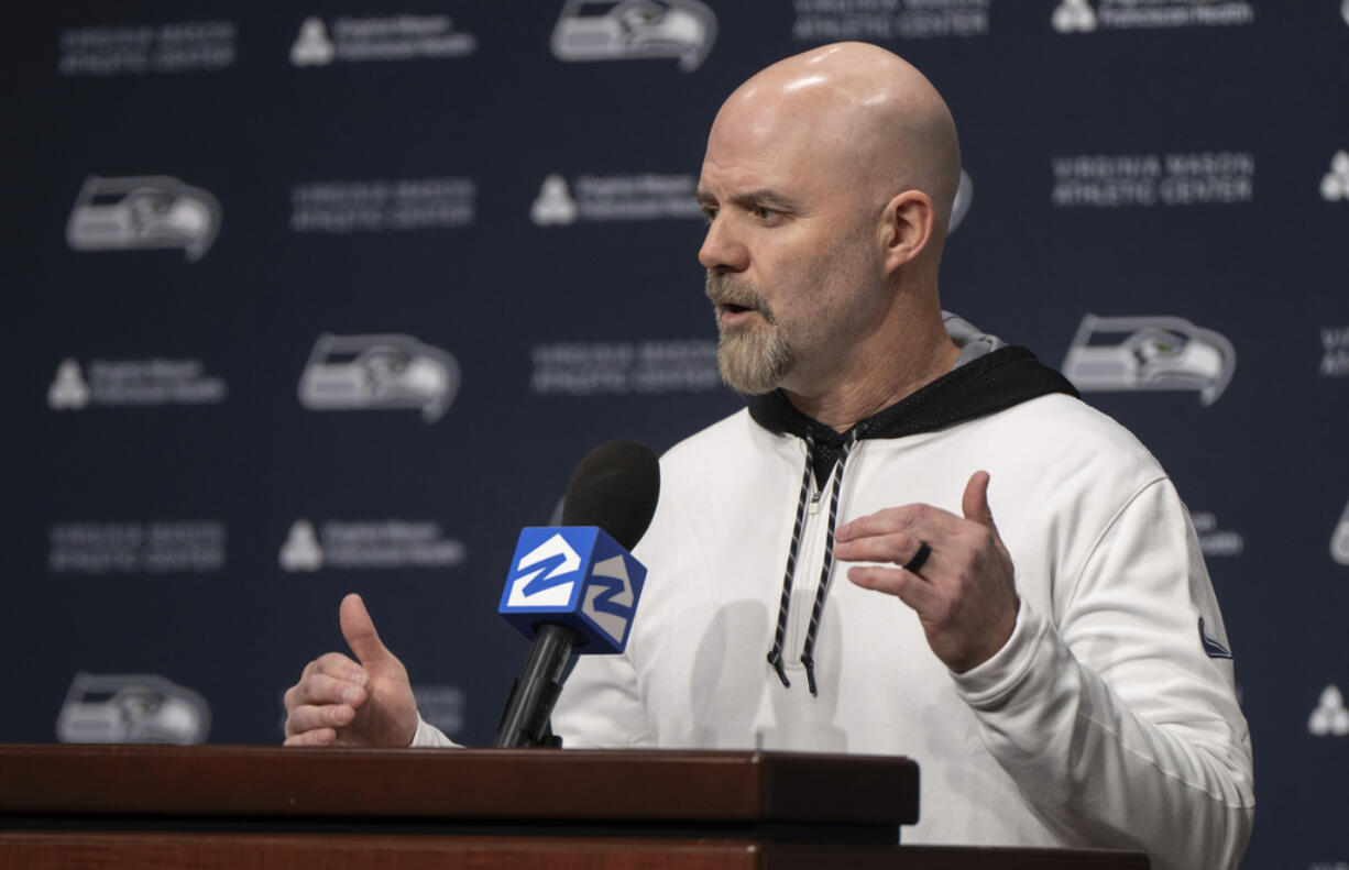 Seattle Seahawks NFL football offensive coordinator Ryan Grubb speaks to reporters during an introductory press conference, on Thursday, Feb. 15, 2024, in Renton.