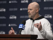 Seattle Seahawks NFL football offensive coordinator Ryan Grubb speaks to reporters during an introductory press conference, on Thursday, Feb. 15, 2024, in Renton.