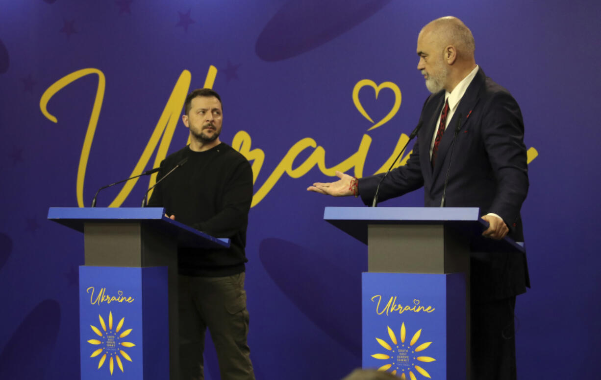 Albanian Prime Minister Edi Rama, right, and Ukrainian President Volodymyr Zelenskyy hold a press conference after he summit of Southeastern European countries on peace in Tirana, Albania, Wednesday, Feb. 28, 2024. Ukraine&rsquo;s president co-hosts a summit with Albania&rsquo;s government on Wednesday that is meant to encourage further support for Kyiv by southeastern European countries, as signs of fatigue grow two years after Russia&rsquo;s full-scale invasion.