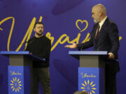 Albanian Prime Minister Edi Rama, right, and Ukrainian President Volodymyr Zelenskyy hold a press conference after he summit of Southeastern European countries on peace in Tirana, Albania, Wednesday, Feb. 28, 2024. Ukraine&rsquo;s president co-hosts a summit with Albania&rsquo;s government on Wednesday that is meant to encourage further support for Kyiv by southeastern European countries, as signs of fatigue grow two years after Russia&rsquo;s full-scale invasion.