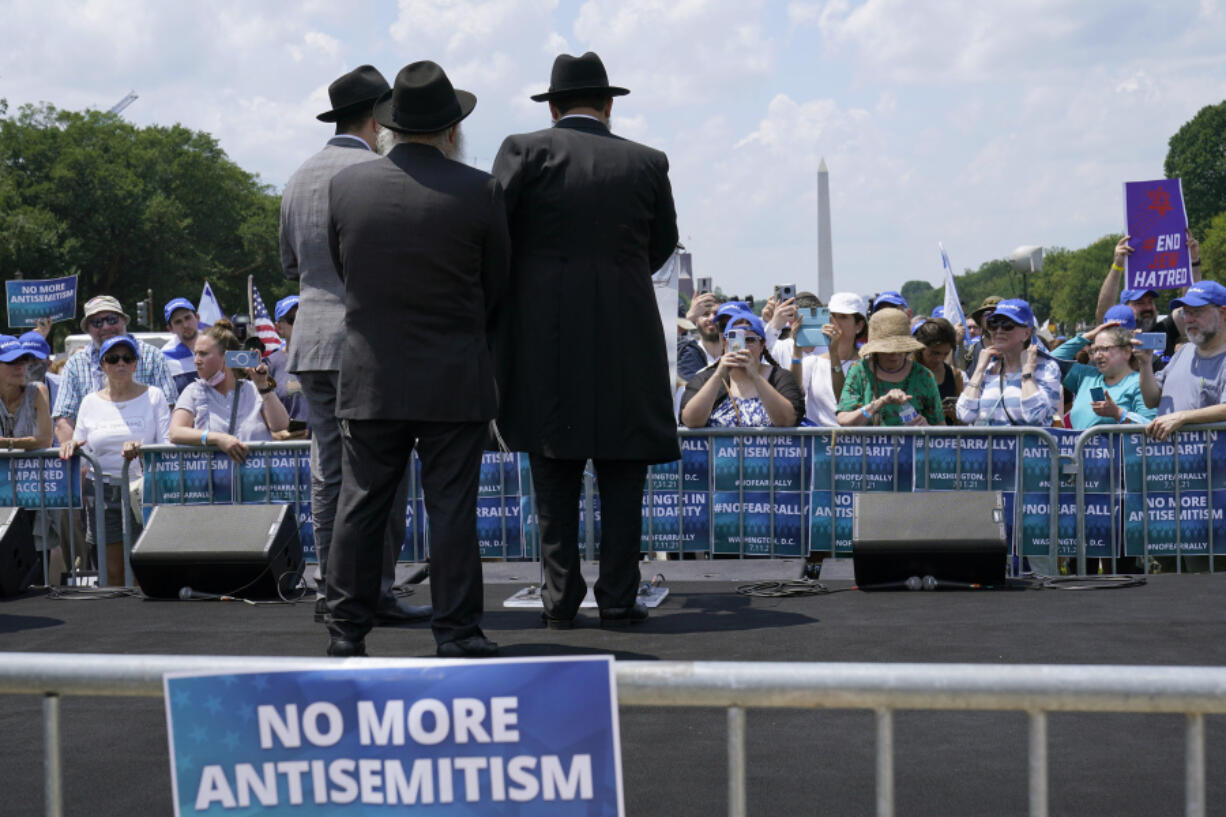 FILE - People attend the &ldquo;NO FEAR: Rally in Solidarity with the Jewish People&rdquo; event in Washington, Sunday, July 11, 2021, co-sponsored by the Alliance for Israel, Anti-Defamation League, American Jewish Committee, B&rsquo;nai B&rsquo;rith International and other organizations. The American Jewish Committee released a survey on Tuesday, Feb. 13, 2024, that found nearly two-thirds of American Jews feel less secure in the U.S. than they did a year ago. The group conducted the survey on antisemitism last fall just as the Israel-Hamas war began.
