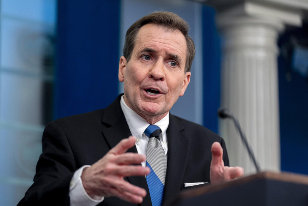 White House national security communications adviser John Kirby speaks at a press briefing at the White House in Washington, Thursday, Feb. 15, 2024.