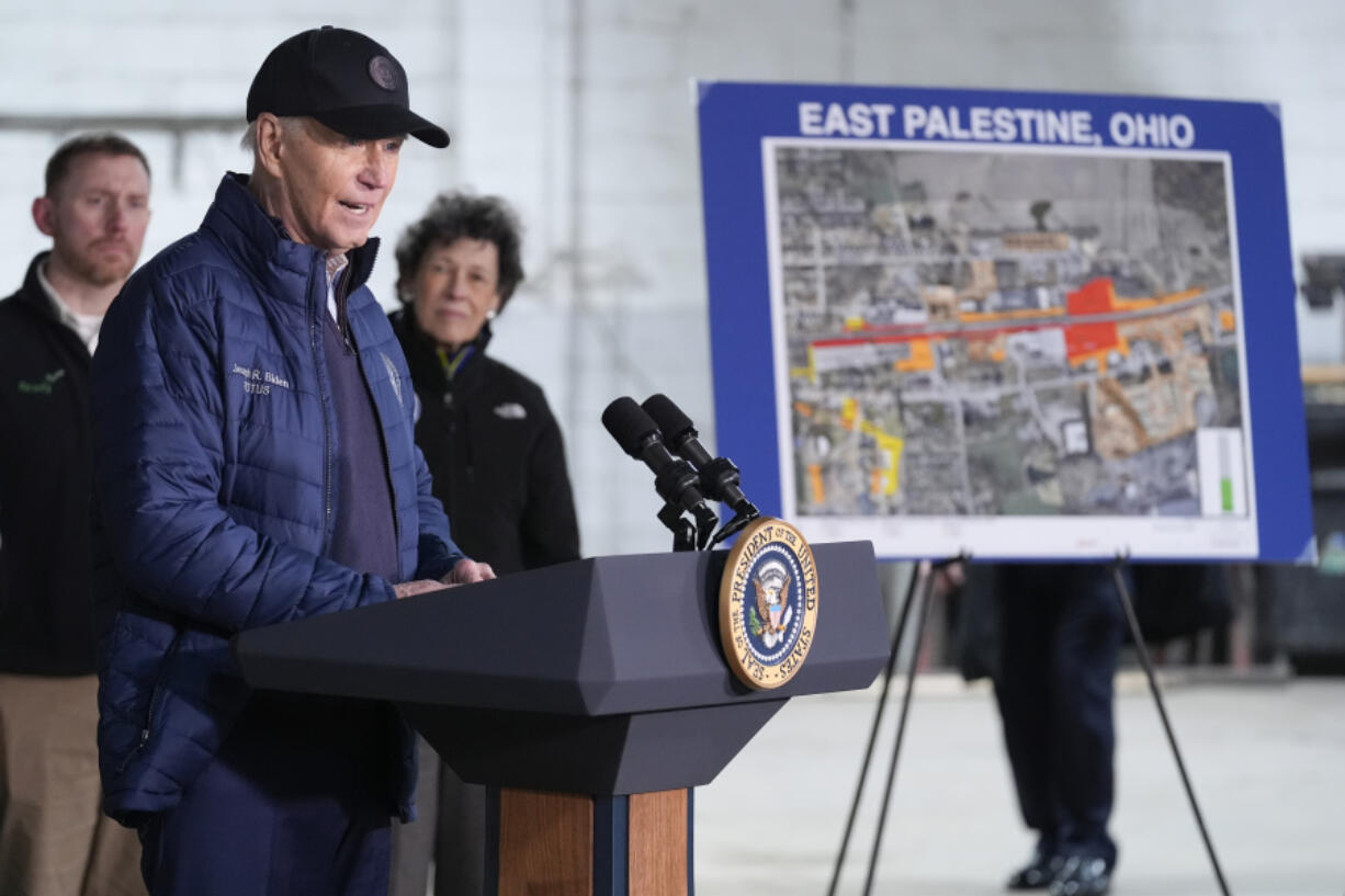 President Joe Biden speaks after touring the East Palestine Recovery Site on Friday in East Palestine, Ohio. Biden on Friday surveyed the federal cleanup  more than a year after an explosive fire from a derailed train carrying hazardous chemicals.