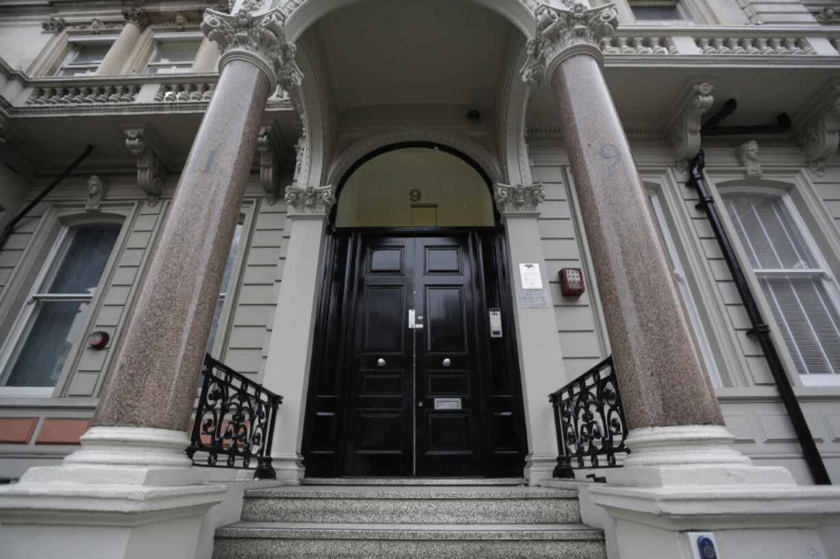 FILE  - The main entrance door to a building where offices of Orbis Business Intelligence Ltd are located, in central London, Thursday Jan. 12, 2017. A judge in London on Thursday, Feb. 1, 2024 threw out a lawsuit by former U.S. President Donald Trump accusing a former British spy of making &ldquo;shocking and scandalous claims&rdquo; that were false and harmed his reputation. Judge Karen Steyn said the case Trump filed against Orbis Business Intelligence should be dismissed.