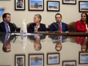 \Democrats, from left, House Majority Leader Joe Fitzgibbon, D-Seattle; Speaker of the House Laurie Jinkins, D-Tacoma; Senate Majority Leader Andy Billig, D-Spokane; and Senate Deputy Majority Leader Manka Dhingra, D-Redmond, provide a response after the State of the State address from Gov. Jay Inslee on the second day of the legislative session at the Washington Capitol on Jan. 9 in Olympia.