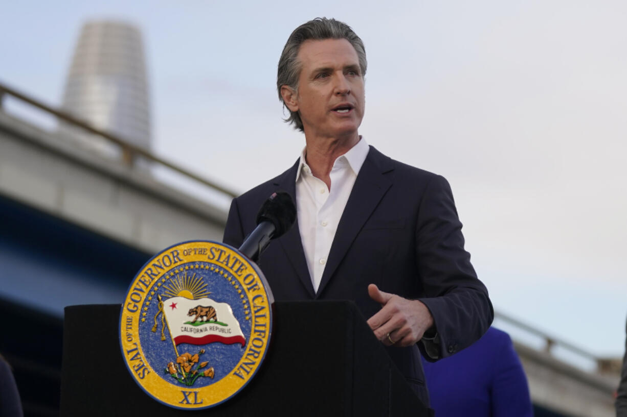 FILE - California Gov. Gavin Newsom speaks during a Clean California event in San Francisco, Nov. 9, 2023. On Sunday, Feb. 25, 2024, Newsom announced an advertising campaign to combat proposals in several Republican-controlled states that he said are designed to prohibit out-of-state travel for abortions and other reproductive care.