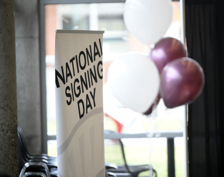 A banner at Union High School during a College Signing Day celebration at Union High School on Wednesday, Feb. 7, 2024.