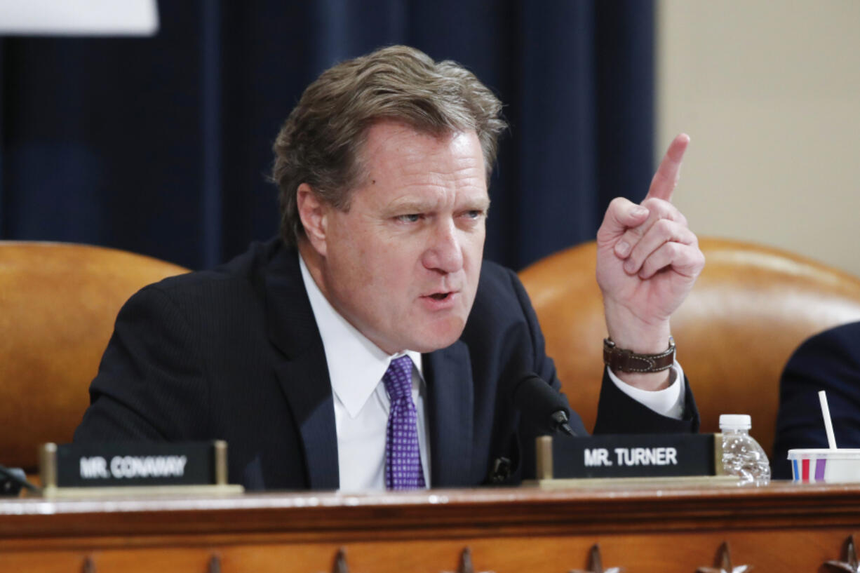 FILE - Rep. Mike Turner, R-Ohio, speaks during a House Intelligence Committee hearing on Capitol Hill in Washington, Nov. 20, 2019. Turner says he has information about a serious national security threat and urges the administration to declassify the information so the U.S. and its allies can openly discuss how to respond. Turner, a Republican from Ohio, gave no details about the threat in his statement.