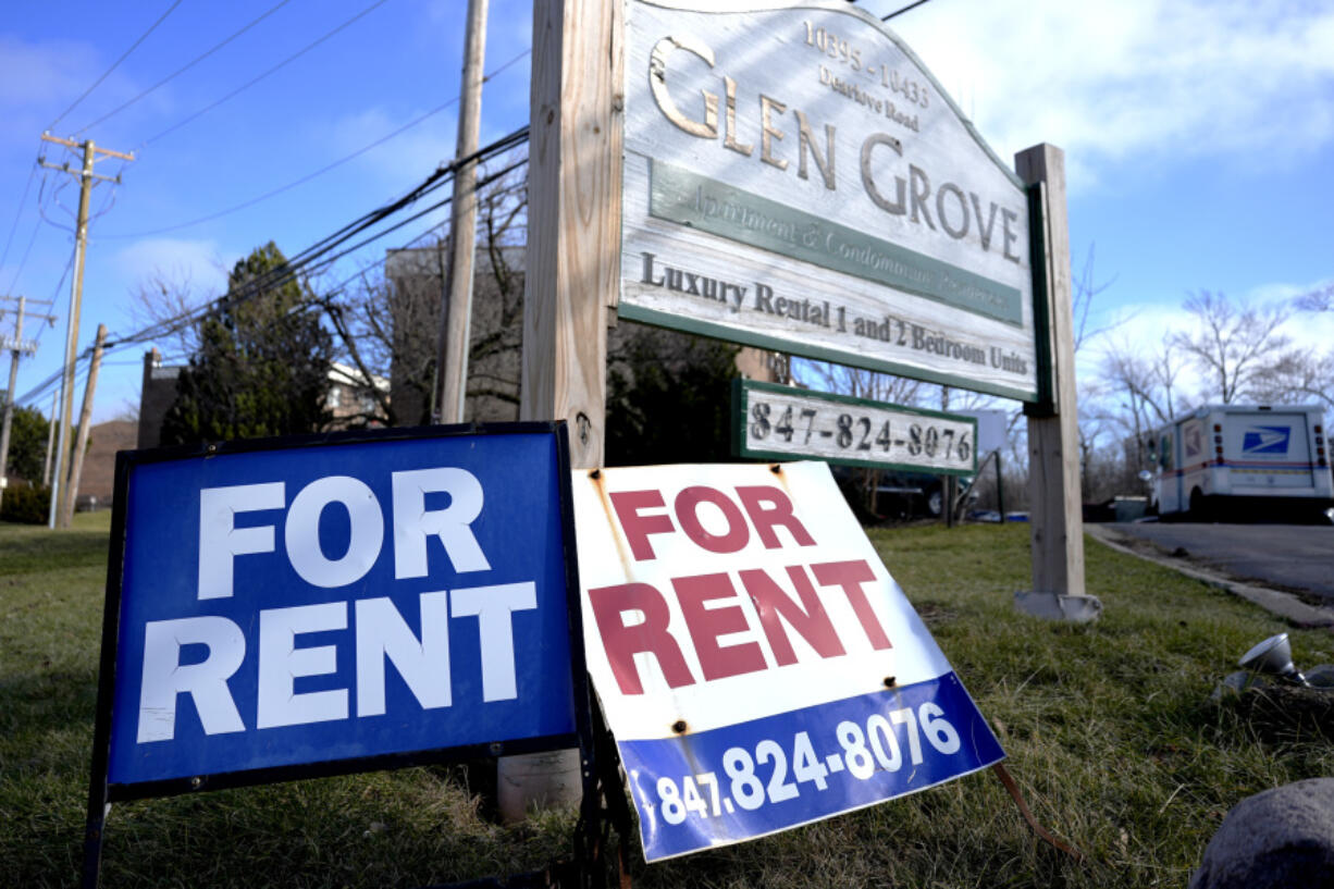&ldquo;For Rent&rdquo; signs are displayed outside a development in Glenview, Ill., Monday, Jan. 29, 2024. On Thursday, Feb. 20, 2024, the Commerce Department issues its January report on consumer spending. (AP Photo/Nam Y.