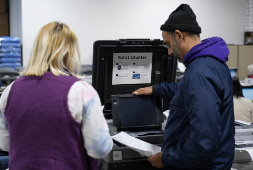 FILE - Election judges demonstrate the accuracy of the city&rsquo;s voting equipment on Oct. 28, 2022, in Minneapolis. With election season already underway, state election officials are expressing frustration that Congress has so far failed to allocate federal money they typically use for such things as securing voter registration systems, updating equipment and training staff.