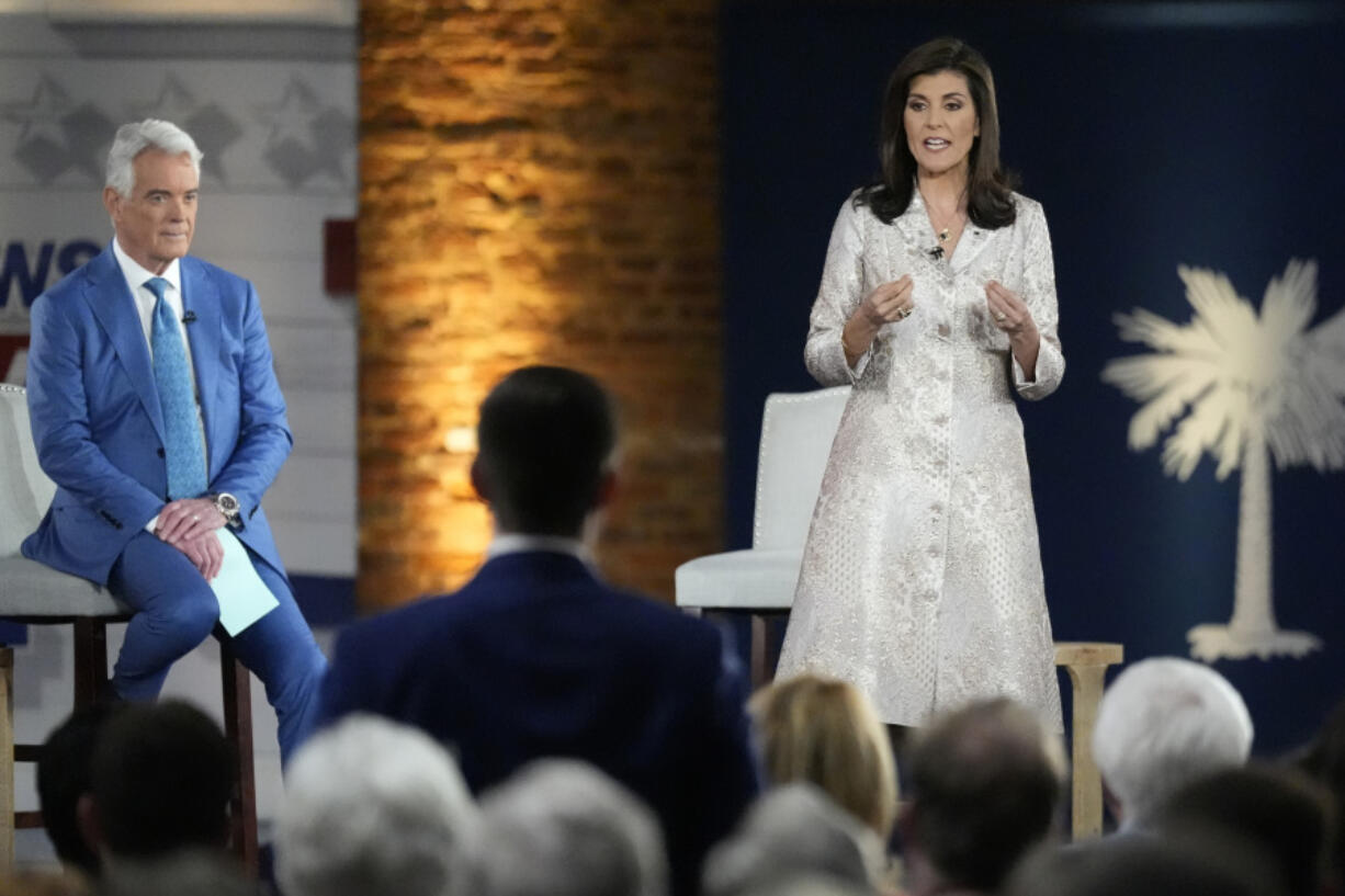 Republican presidential candidate former UN Ambassador Nikki Haley speaks during a Fox News Channel town hall Sunday, Feb. 18, 2024, in Columbia, S.C.