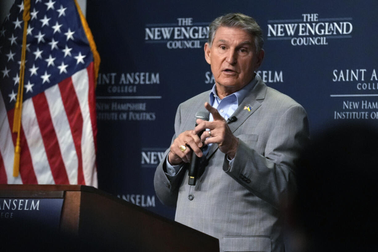 FILE - Sen. Joe Manchin, D-W.Va., speaks during the Politics and Eggs event, Jan. 12, 2024, in Manchester, N.H. Manchin announced Friday, Feb. 16, that he is not running for president, according to his spokesman Jon Kott. Manchin is not running for reelection in 2024. His Senate seat in a heavily Republican state is expected to be a prime pickup opportunity for the GOP.