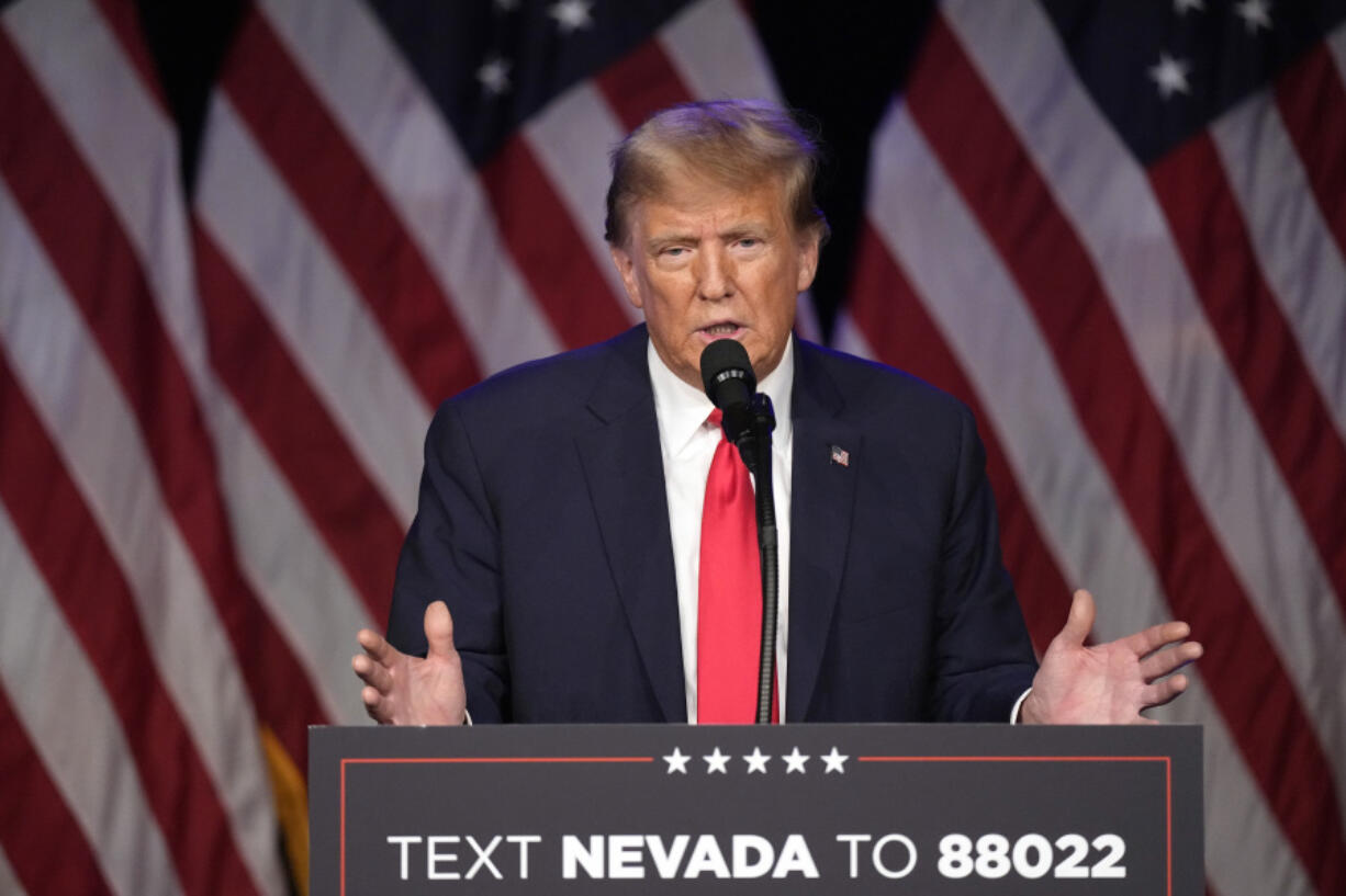 Republican presidential candidate former President Donald Trump speaks at a caucus night rally in Las Vegas, Thursday, Feb. 8, 2024. (AP Photo/Mark J.