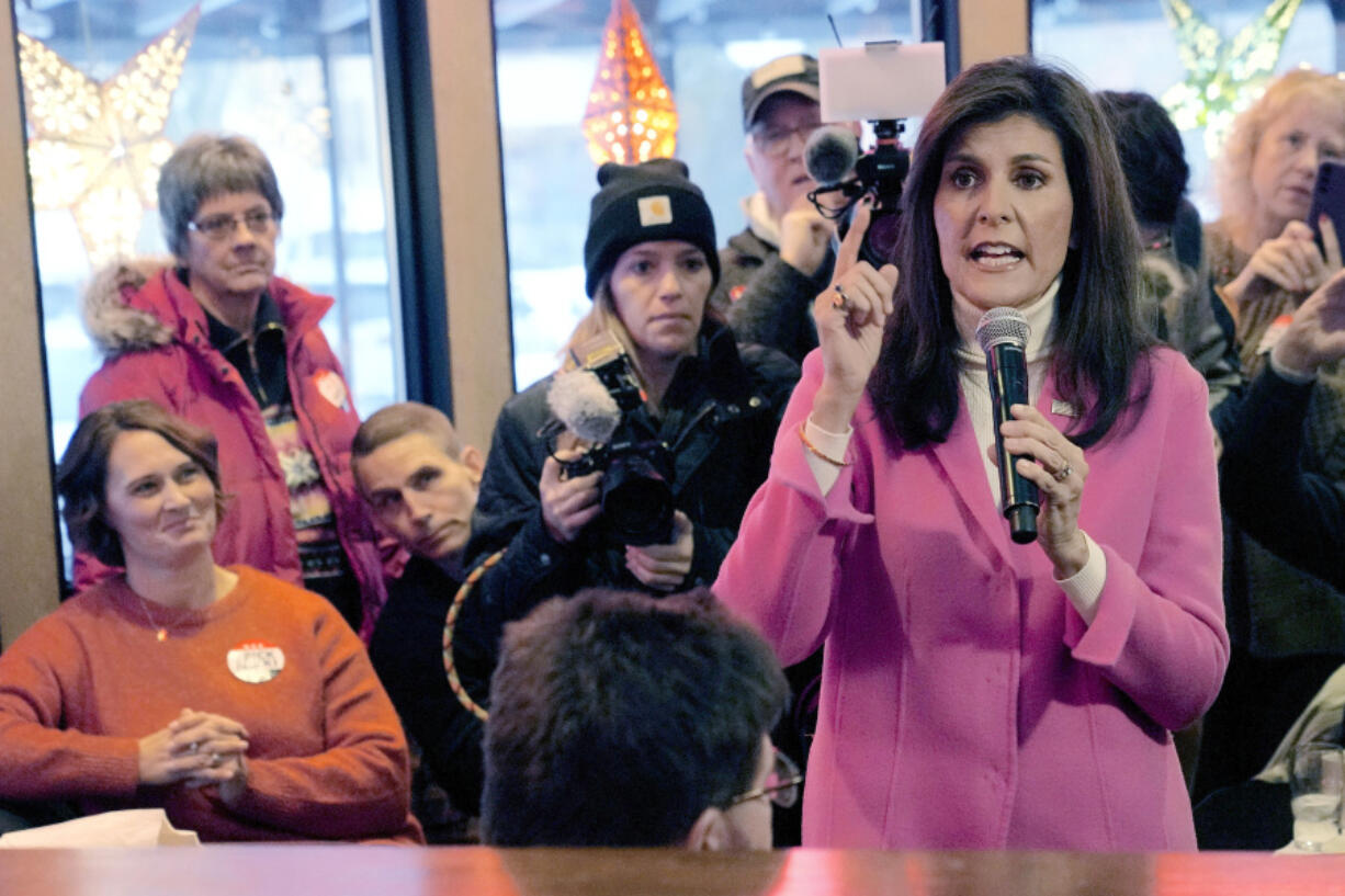 FILE - Republican presidential hopeful Nikki Haley speaks with supporters Jan. 15, 2024, in Des Moines, Iowa.  Even without Donald Trump on Nevada&rsquo;s Republican ballot, Nikki Haley was still denied her first victory. The indignity of a distant second-place finish behind &ldquo;none of these candidates&rdquo; was a blow for Haley facilitated by the staunch Trump allies who lead Nevada&rsquo;s GOP. They had already maneuvered to ensure Trump has a lock on the state&rsquo;s 26 delegates, who will be awarded in caucuses on Thursday where he faces only token opposition.