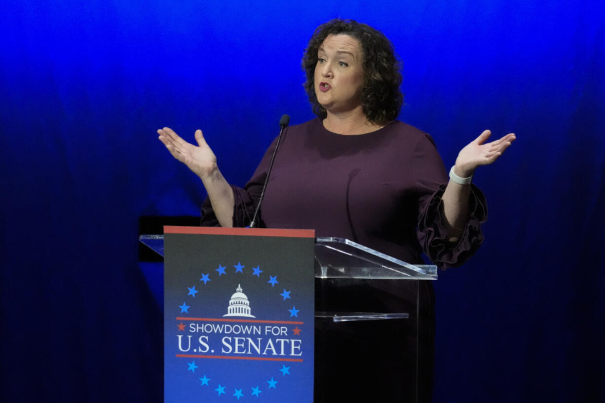 U.S. Rep. Katie Porter, D-Calif., speaks during a televised debate for candidates in the senate race to succeed the late California Sen. Dianne Feinstein, Monday, Jan. 22, 2024, in Los Angeles.