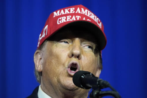 Republican presidential candidate former President Donald Trump speaks at a campaign rally in Waterford Township, Mich., Saturday, Feb. 17, 2024.