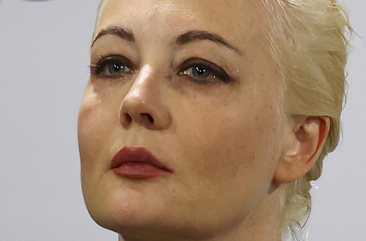 Yulia Navalnaya, wife of Russian opposition leader Alexei Navalny, reacts as she speaks during the Munich Security Conference, in Munich, Germany, Friday, Feb. 16, 2024. Navalny, who crusaded against official corruption and staged massive anti-Kremlin protests as President Vladimir Putin&rsquo;s fiercest foe, died Friday in the Arctic penal colony where he was serving a 19-year sentence, Russia&rsquo;s prison agency said. He was 47.