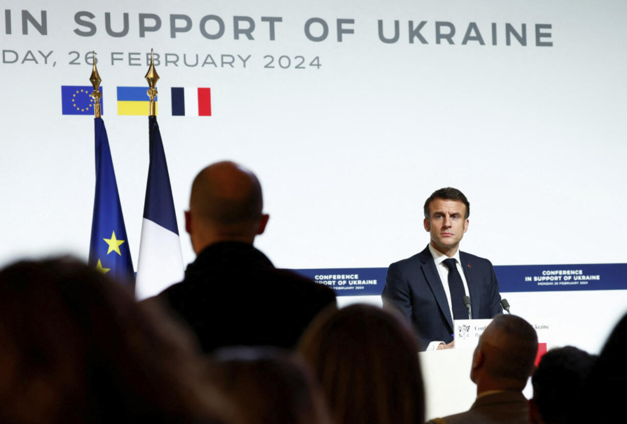 French President Emmanuel Macron speaks during a press conference at the Elysee Palace in Paris, Monday, Feb. 26, 2024. More than 20 European heads of state and government and other Western officials are gathering in a show of unity for Ukraine, signaling to Russia that their support for Kyiv isn&rsquo;t wavering as the full-scale invasion grinds into a third year.