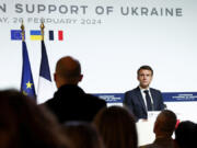 French President Emmanuel Macron speaks during a press conference at the Elysee Palace in Paris, Monday, Feb. 26, 2024. More than 20 European heads of state and government and other Western officials are gathering in a show of unity for Ukraine, signaling to Russia that their support for Kyiv isn&rsquo;t wavering as the full-scale invasion grinds into a third year.