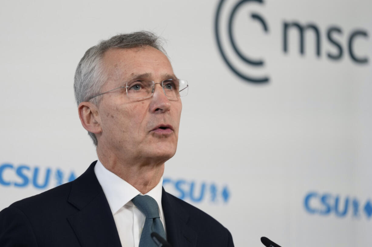 NATO Secretary General Jens Stoltenberg addresses the opening session of the Munich Security Conference at the Bayerischer Hof Hotel in Munich, Germany, Friday, Feb. 16, 2024. The 60th Munich Security Conference (MSC) is taking place from Feb. 16 to Feb. 18, 2024.