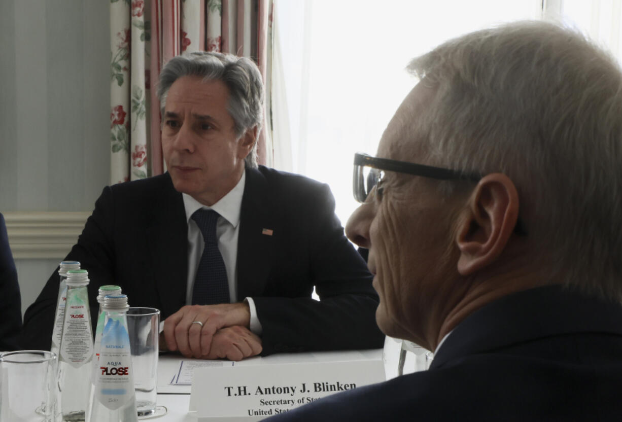U.S. Secretary of State Antony Blinken, left, meets with Bulgaria&rsquo;s Prime Minister Nikolai Denkov, foreground, on the side of the Munich Security Conference (MSC) in Munich, Germany, Friday, Feb. 16, 2024.