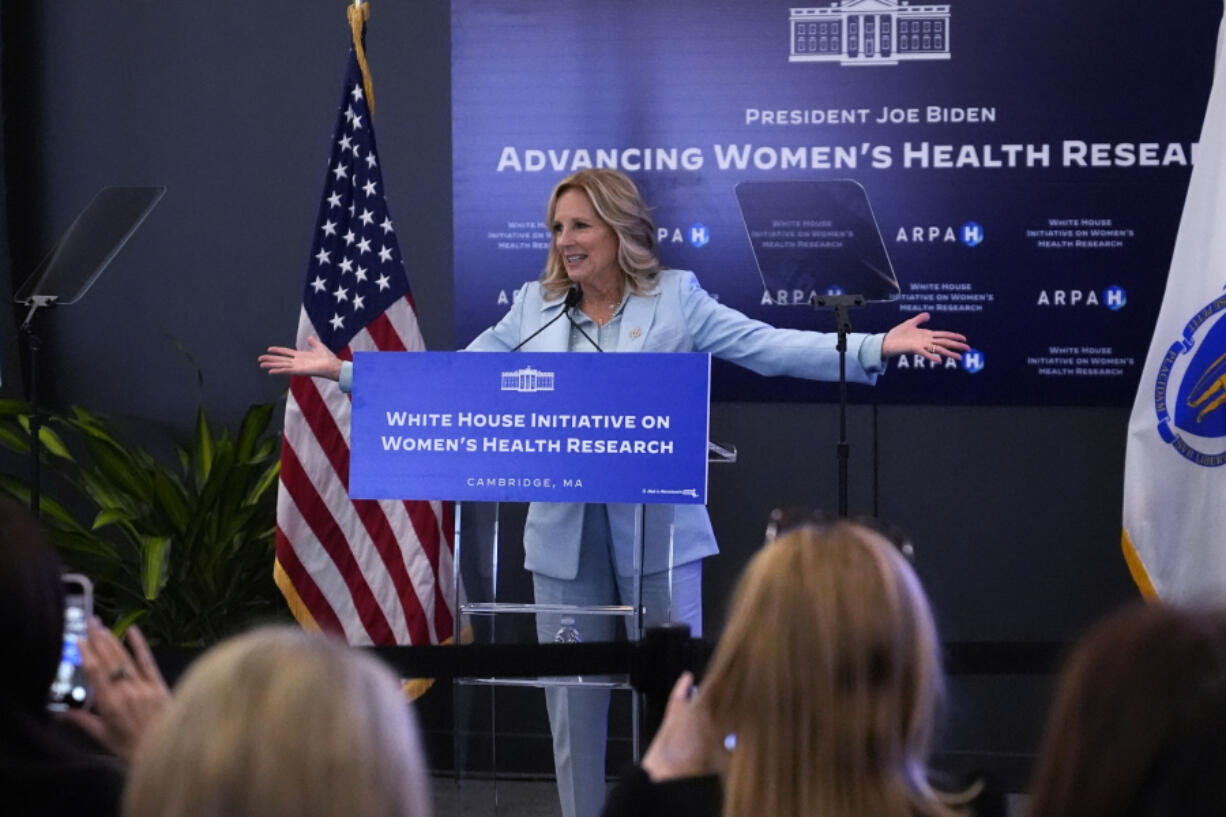 First lady Jill Biden addresses a gathering during a discussion on women&rsquo;s health research, Wednesday, Feb. 21, 2024, in Cambridge, Mass.